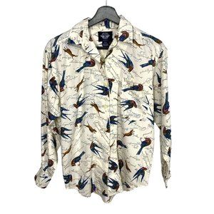 Vintage 90s Dockers Cream Bird Dog Print Long Sleeve Button Up Top Small